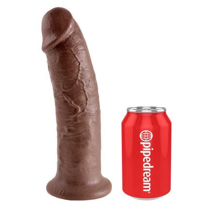 King Cock Dildo 10 - Brown next to a red can for size comparison, showing realistic design and craftsmanship.