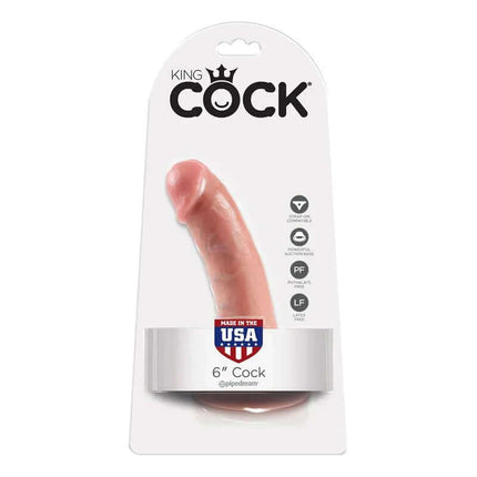 Packaging of King Cock Dildo 6 - Flesh showcasing lifelike design, safety features, and USA manufacturing.