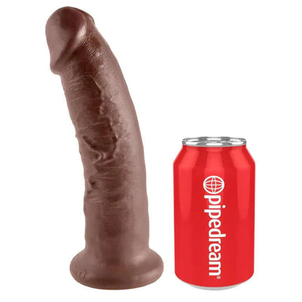 King Cock Dildo 9 - Brown next to a red can for size comparison.