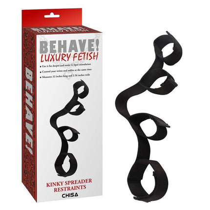 Kinky Spreader Restraints packaging and product with adjustable Velcro ties for bondage play.