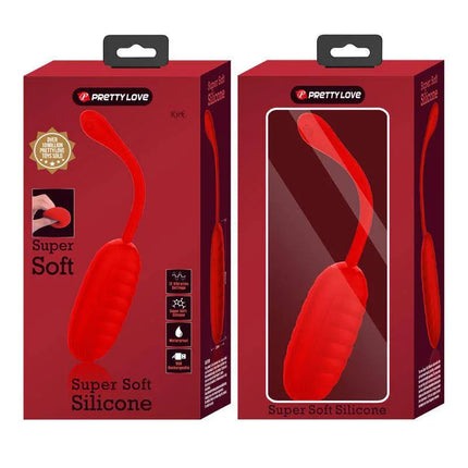 Kirk Vibrating Egg Red in packaging showing super soft quilted silicone vibrator with 12 functions for solo pleasure.