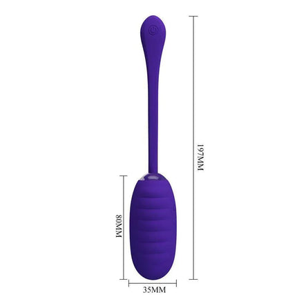 Kirk Vibrating Egg Violet with quilted silicone texture and 12 vibration modes for personal pleasure, shown in full view with dimensions.