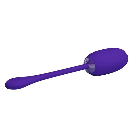 Kirk Vibrating Egg Violet with quilted silicone texture and long handle for easy use, featuring 12 powerful vibration settings.