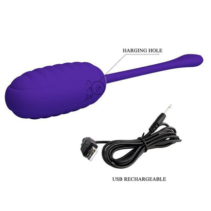 Kirk Vibrating Egg Violet with USB cable, showing charging hole.