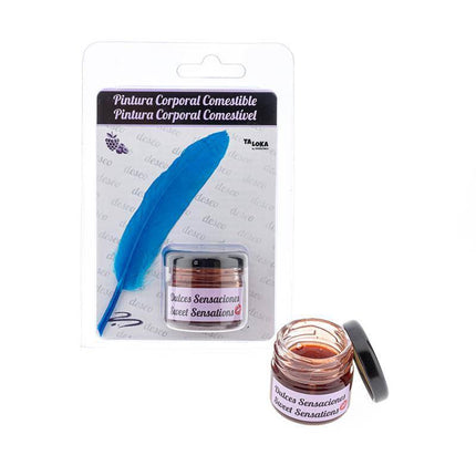 Kissable Body Paint Fruits of the Forest Flavor with blue feather applicator and open jar of edible sweet sensation paint