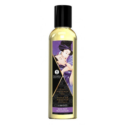Shunga massage oil bottle, part of Kit Fruity Kisses, inspired by Japanese erotic art for passion and romance.