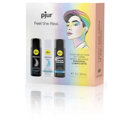 Kit Pride Box featuring a trio of premium lubricants for enhanced intimacy, celebrating pride with 30 ml Original Silicone, Woman, and Back Door oils.