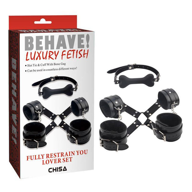 Kit Restrain You Lover Silicone three-piece bondage set with gag and wrist and ankle restraints in packaging