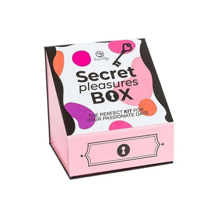Kit Secret Pleasures Box packaging with vibrant colors and bold text for intimate moments.