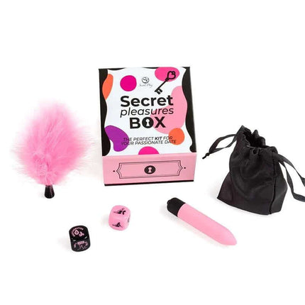 Kit Secret Pleasures Box with pink vibrating bullet, feather duster, dice, and black satin pouch for intimate moments.