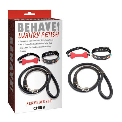 Kit Serve Me Silicone luxury fetish set with collar, ball gag, and whip in PU and silicone for comfortable consensual play.