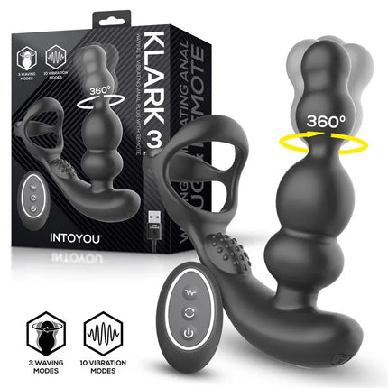 Klark Waving and Vibrating Plug with Remote displayed in packaging with remote control, highlighting 360-degree rotation feature.