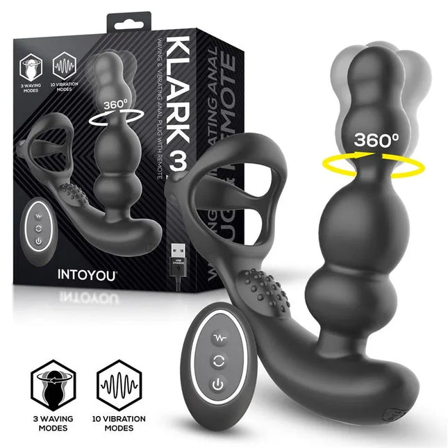 Klark Waving and Vibrating Plug with Remote displayed in packaging with remote control, highlighting 360-degree rotation feature.