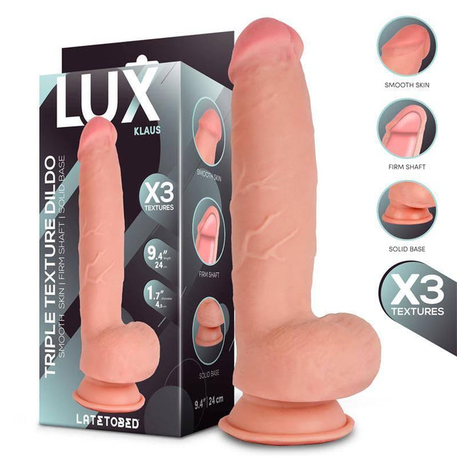 Klaus Triple Density Dildo with Balls 9.4 showcasing lifelike texture and triple density design with box packaging.