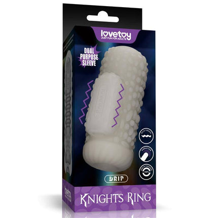 Product packaging of Knights Ring Vibrating Dual Purpose Sleeve Drip, featuring textured sleeve design for enhanced pleasure.
