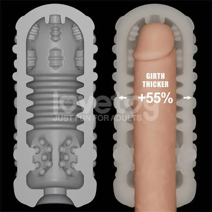 Cross-section of Knights Ring Vibrating Dual Purpose Sleeve Drip showcasing girth enhancement and textured interior design.