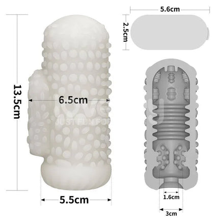 Detailed design of Knights Ring Vibrating Dual Purpose Sleeve Drip featuring textured exterior and internal mechanisms.