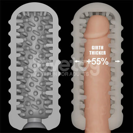 Illustration of Knights Ring Vibrating Dual Purpose Sleeve Wavy showing textured interior and 55% girth increase feature.