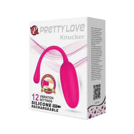 Packaging of Knucker Silicone Vibrating Egg with 12 Modes, featuring vibrant design and product details.