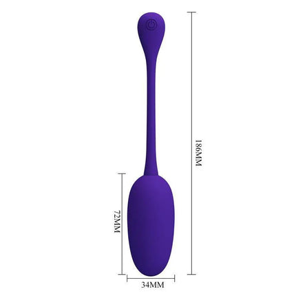 Knucker Vibrating Egg Purple silicone toy with 12 vibration functions shown with dimensions