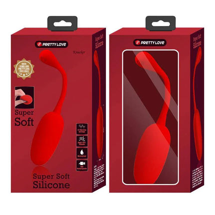 Knucker Vibrating Egg Red packaging by Pretty Love with 12 functions for tailored pleasure, shown in red silicone for couples or solo play.
