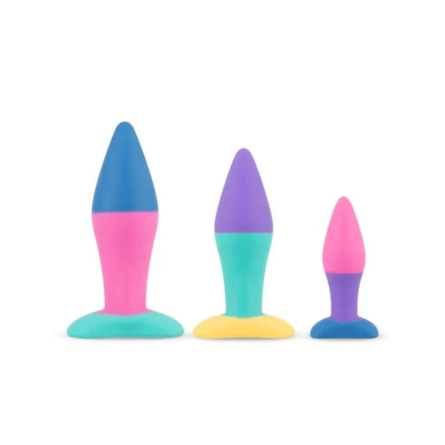 Koda Butt Plug Set colorful trio displayed in three progressive sizes for anal exploration.