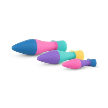Colorful Koda Butt Plug Set showing three sizes for anal stimulation and progression for beginners and experienced users.