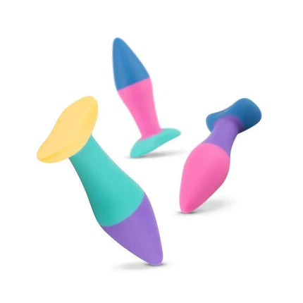 Colorful Koda Butt Plug Set featuring a flexible trio of three sizes for anal stimulation and exploration.
