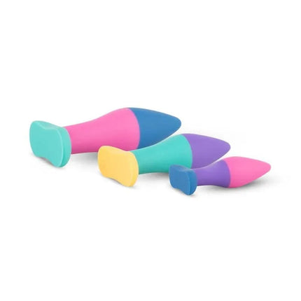 Koda Butt Plug Set featuring three colorful butt plugs in different sizes for varied anal stimulation and exploration.