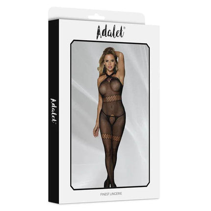 Adalet Kona Bodystocking Open Back packaging featuring a model wearing the black bodystocking with decorative straps and halter-neck design.