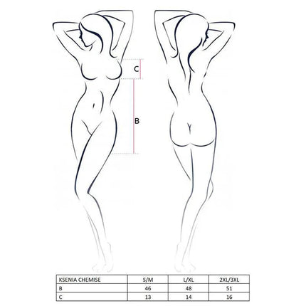 Size chart for Ksenia Chemise by Avanua, featuring measurements for S/M, L/XL, XXL/XXXL in black.