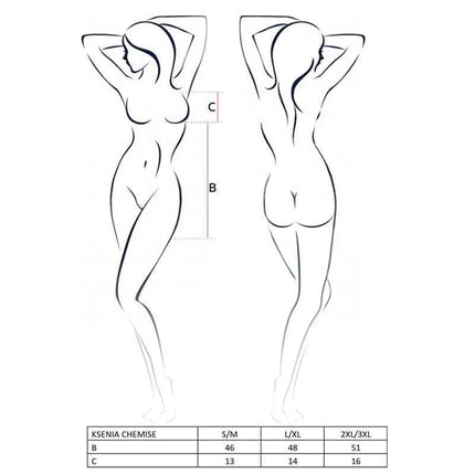 Sizing chart for Ksenia Chemise showing measurements B and C for various sizes.