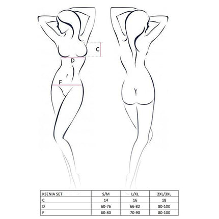 Size chart and silhouette illustration for Ksenia Set Open Bra Black, available in S/M, L/XL, and XXL/XXXL sizes.