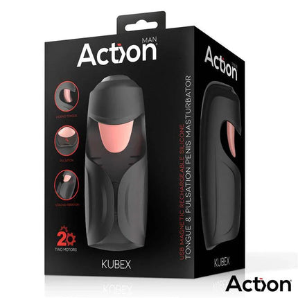 Kubex Masturbator with Licking Tongue, Pulsation and Vibration packaging display.