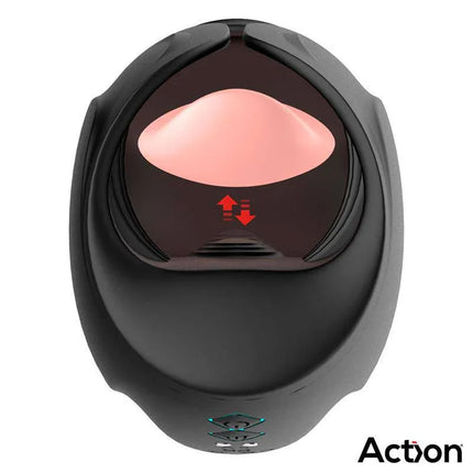 Kubex Masturbator with Licking Tongue, Pulsation and Vibration in black with red accents, featuring an ergonomic design and silicone chamber.