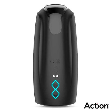 Kubex Masturbator with Licking Tongue, Pulsation and Vibration in black, sleek design with LED indicators, ergonomic shape.