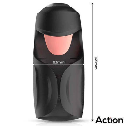 Kubex Masturbator with Licking Tongue, Pulsation and Vibration showcased with dimensions and sleek ergonomic design