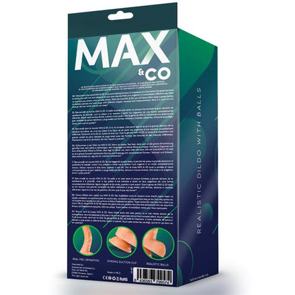 Box packaging of Kurt Realistic Dildo with Testicles Flesh 9,4 - 24 cm by Max & Co showcasing features and product details.