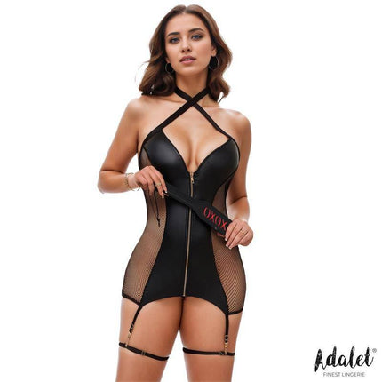 Model wearing Kylie Babydoll with Leg Ring in black vegan leather by Adalet, featuring semi-sheer mesh sides and luxe textures.