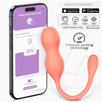 Kyra Pelvic Floor Trainer with Pressure Sensing and App displaying app interface and pressure sensing technology features.