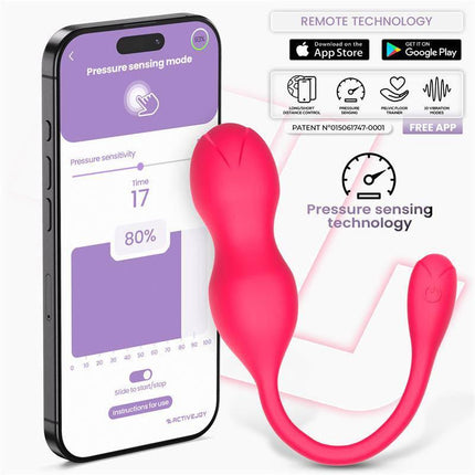 Kyra Pelvic Floor Trainer with Pressure Sensing and App displayed with ActiveJoy app on smartphone screen