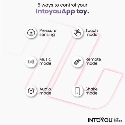 Diagram showing 6 control modes of IntoyouApp toy, including pressure sensing, touch, music, remote, audio, and shake modes.