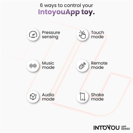 Intoyou App Series showcasing six control modes: pressure sensing, touch, music, remote, audio, shake for toys.