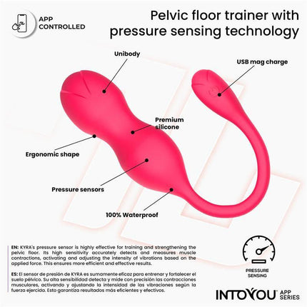 Kyra Pelvic Floor Trainer with Pressure Sensing and App showcasing design features and pressure-sensing technology.