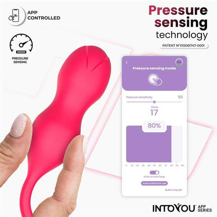 Kyra Pelvic Floor Trainer with Pressure Sensing and App showing pressure sensitivity control screen on the ActiveJoy® app.