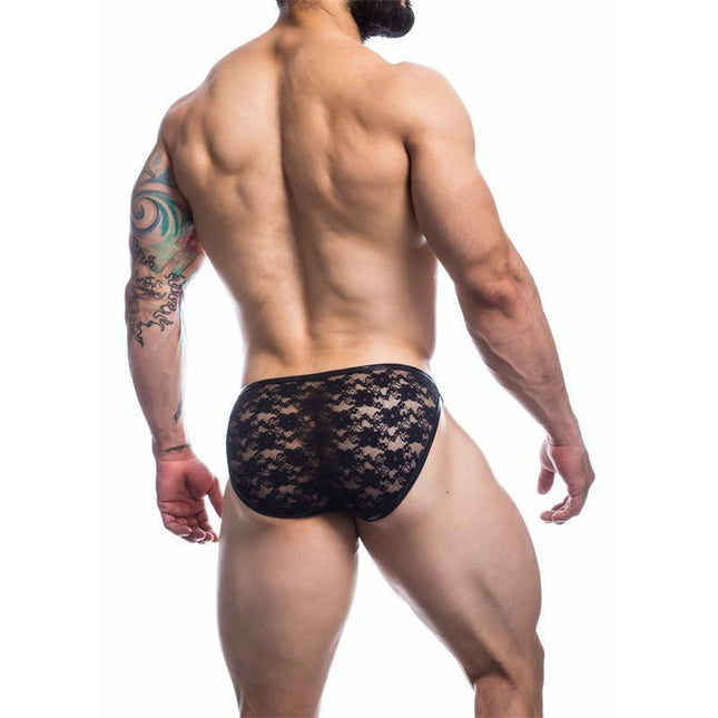 L4CE01 Slip with Black Lace by CUT4MEN showcased on model, featuring semi-transparent lace design for a stylish, modern look.