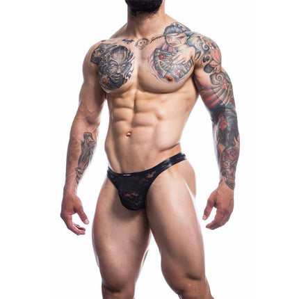 L4CE03 Thong with Lace by CUT4MEN, modern leather-inspired men's underwear, front view