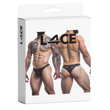Packaging of CUT4MEN L4CE03 Thong with Lace showcasing front and back views of the leather-inspired men's underwear.