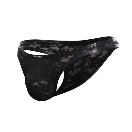 L4CE03 Thong with Lace by CUT4MEN in black lace, featuring modern design and comfort for men. Fabric: 92% nylon, 8% elastane.