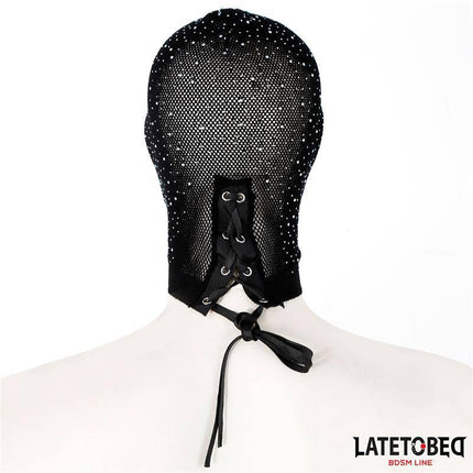 Lace Hood with Shiny Diamonds in black, adjustable one-size fit, featuring elegant lace design and discreet sparkle for luxury appeal.